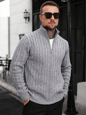 Manfinity CasualCool كارديجان رجالي مزود بسحاب وجيوب، محبوك بتصميم كابل، أكمام طويلة، مناسب للخريف والشتاء