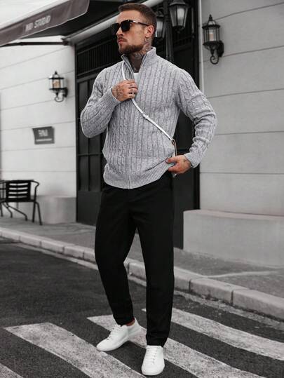 Manfinity CasualCool كارديجان رجالي مزود بسحاب وجيوب، محبوك بتصميم كابل، أكمام طويلة، مناسب للخريف والشتاء