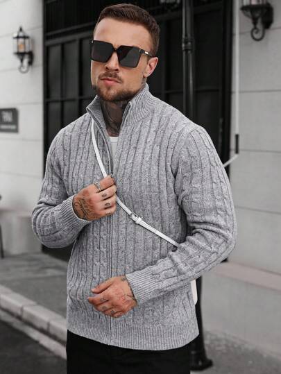 Manfinity CasualCool كارديجان رجالي مزود بسحاب وجيوب، محبوك بتصميم كابل، أكمام طويلة، مناسب للخريف والشتاء