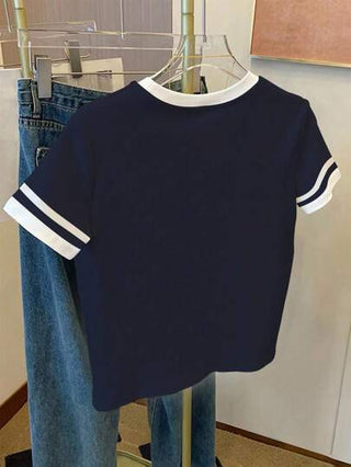 Resyla تي شيرت نسائية/ Pattern طباعة نمط/تطريز/ تيشيرت فضفاضة بياقة مستديرة لون متباين للنساء/ربيع وصيف