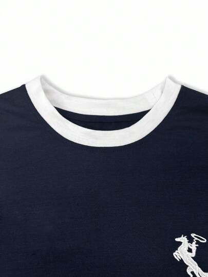 Resyla تي شيرت نسائية/ Pattern طباعة نمط/تطريز/ تيشيرت فضفاضة بياقة مستديرة لون متباين للنساء/ربيع وصيف