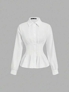 SHEIN MOD بلوزة نسائية أنيقة بلون أحادي مطوية الخصر بأكمام طويلة، بلوزات خريفية، بلوزات عمل نسائية