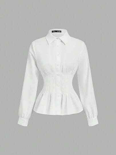 SHEIN MOD بلوزة نسائية أنيقة بلون أحادي مطوية الخصر بأكمام طويلة، بلوزات خريفية، بلوزات عمل نسائية