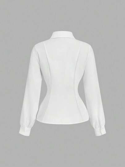 SHEIN MOD بلوزة نسائية أنيقة بلون أحادي مطوية الخصر بأكمام طويلة، بلوزات خريفية، بلوزات عمل نسائية