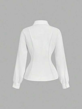 SHEIN MOD بلوزة نسائية أنيقة بلون أحادي مطوية الخصر بأكمام طويلة، بلوزات خريفية، بلوزات عمل نسائية