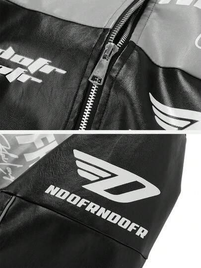 جاكيت جلد صناعي طويلة الأكمام بطباعة حرفية أنيقة للرجال باللون الأسود، مناسبة للخريف والغرانج