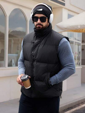 DAZY جاكيت صدرية رجالية ذات لون أحادي سميكة ومبطنة بياقة عالية باللون الأسود، للشتاء