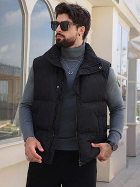 DAZY جاكيت صدرية رجالية ذات لون أحادي سميكة ومبطنة بياقة عالية باللون الأسود، للشتاء