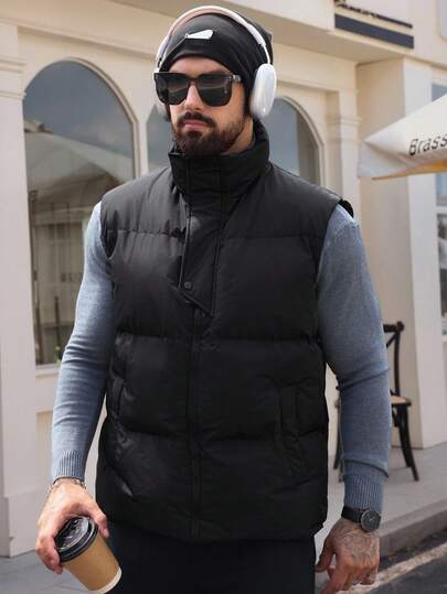 DAZY جاكيت صدرية رجالية ذات لون أحادي سميكة ومبطنة بياقة عالية باللون الأسود، للشتاء