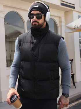 DAZY جاكيت صدرية رجالية ذات لون أحادي سميكة ومبطنة بياقة عالية باللون الأسود، للشتاء
