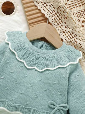 SHEIN مجموعة كنزة صوفية طفل خضراء 3 قطع: ملابس علوية كم طويل بياقة بيتر بان + سروال ضيق + قبعة عصرية، ملابس عادية بسيطة للمواليد الجدد