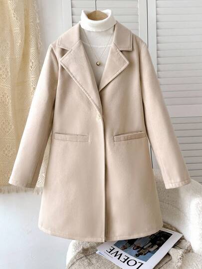 SHEIN Serisse Kids معطف متوسط الطول مع جيب وياقة كلاسيكية مناسب للبنات المراهقات، مناسب للأسبوع، الخروجات العادية، العودة إلى المدرسة، الخريف/الشتاء، معطف بنات، معطف بنات، معطف مراهقات، معطف بنات شتوي