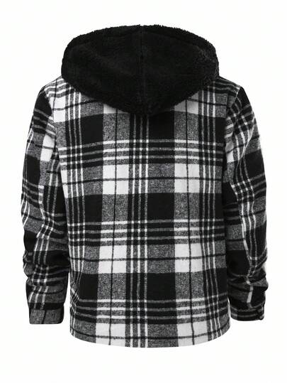 Manfinity Homme معطف كاجوال بأكمام طويلة مبطن حراري مخطط، للخريف والشتاء