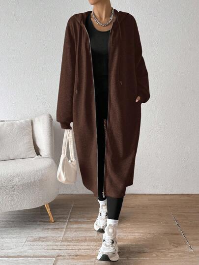 SHEIN EZwear معطف أنثوي بغطاء رأس متوسط الطول بطبقة عازلة للحرارة، وصول جديد للخريف/الشتاء