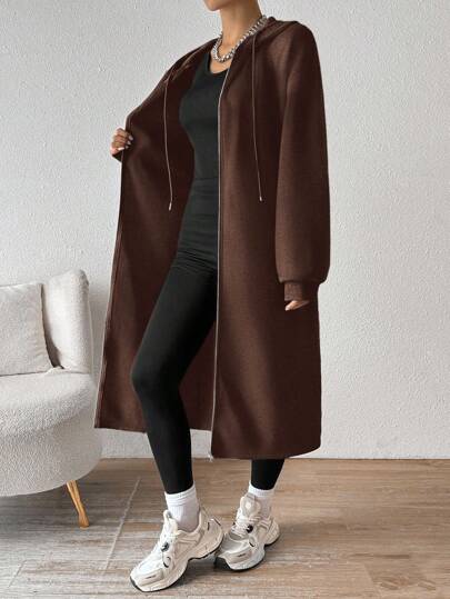 SHEIN EZwear معطف أنثوي بغطاء رأس متوسط الطول بطبقة عازلة للحرارة، وصول جديد للخريف/الشتاء