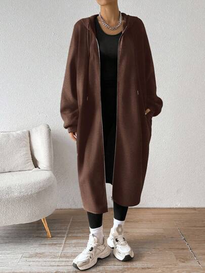 SHEIN EZwear معطف أنثوي بغطاء رأس متوسط الطول بطبقة عازلة للحرارة، وصول جديد للخريف/الشتاء