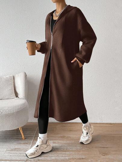 SHEIN EZwear معطف أنثوي بغطاء رأس متوسط الطول بطبقة عازلة للحرارة، وصول جديد للخريف/الشتاء