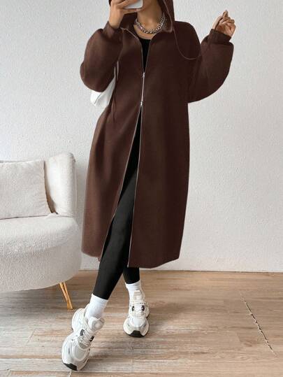 SHEIN EZwear معطف أنثوي بغطاء رأس متوسط الطول بطبقة عازلة للحرارة، وصول جديد للخريف/الشتاء