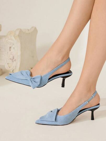 CUCCOO CHICEST حذاء كعب كعب قطة أنيقة رومانسية للنساء بفيونكة وأصبع قدم مدبب، من قماش أزرق فاتح، بتصميم سهل الارتداء، مناسبة لحفلات الشاي بعد الظهر والمواعيد والحفلات والإطلالات الأنيقة في فصلي الخريف والشتاء