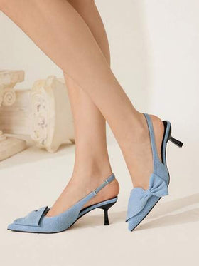 CUCCOO CHICEST حذاء كعب كعب قطة أنيقة رومانسية للنساء بفيونكة وأصبع قدم مدبب، من قماش أزرق فاتح، بتصميم سهل الارتداء، مناسبة لحفلات الشاي بعد الظهر والمواعيد والحفلات والإطلالات الأنيقة في فصلي الخريف والشتاء