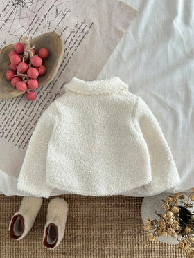 SHEIN معطف أطفال بنات سميك من الفليس مطرز بزهرة على الياقة، أكمام طويلة، للخريف والشتاء