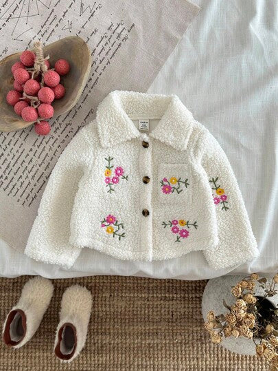 SHEIN معطف أطفال بنات سميك من الفليس مطرز بزهرة على الياقة، أكمام طويلة، للخريف والشتاء
