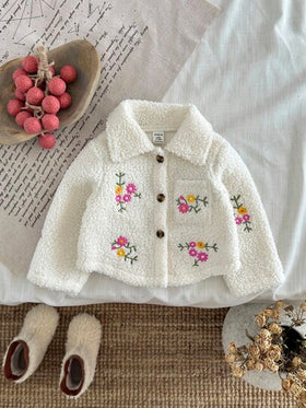 SHEIN معطف أطفال بنات سميك من الفليس مطرز بزهرة على الياقة، أكمام طويلة، للخريف والشتاء