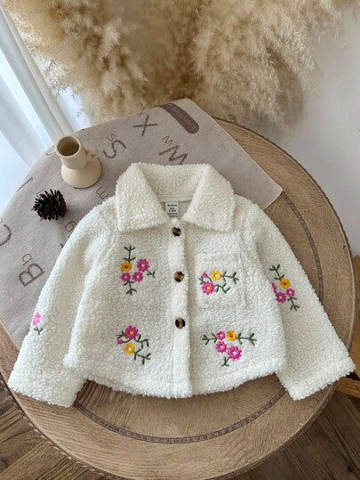 SHEIN معطف أطفال بنات سميك من الفليس مطرز بزهرة على الياقة، أكمام طويلة، للخريف والشتاء