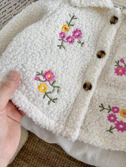 SHEIN معطف أطفال بنات سميك من الفليس مطرز بزهرة على الياقة، أكمام طويلة، للخريف والشتاء