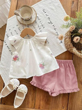 SHEIN LMoss Kids طقم قصير الأكمام للأطفال الرضع البنات مزين بطرز الزهور وشورت أخضر، صيفي