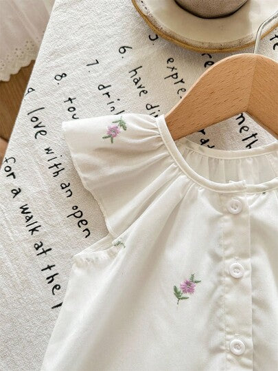 SHEIN LMoss Kids طقم قصير الأكمام للأطفال الرضع البنات مزين بطرز الزهور وشورت أخضر، صيفي