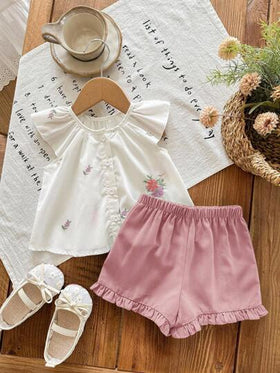 SHEIN LMoss Kids طقم قصير الأكمام للأطفال الرضع البنات مزين بطرز الزهور وشورت أخضر، صيفي