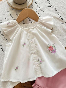 SHEIN LMoss Kids طقم قصير الأكمام للأطفال الرضع البنات مزين بطرز الزهور وشورت أخضر، صيفي