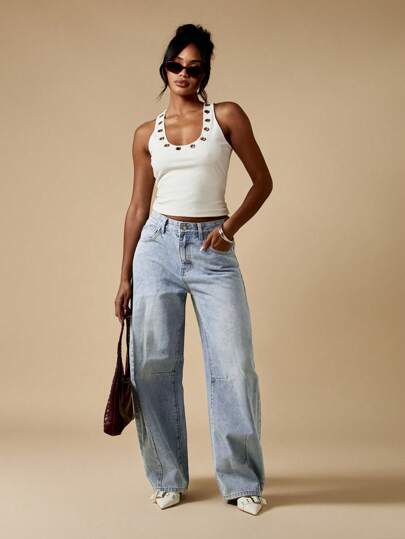 MISSGUIDED بنطلون جينز ذو قصة واسعة وخصر عالٍ، بتصميم فضفاض وأسلوب عتيق، ملابس كاجوال للشارع في موضة الخريف والشتاء، بقصة فضفاضة وطراز Y2K
