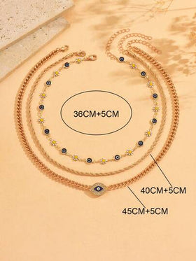 مجموعة 3 قطع من سلاسل العقد المعدنية بتصميم عين الشيطان، عقد خانق بسيط مناسب للنساء للاستخدام اليومي والخروج، طول السلسلة مصنوع يدويًا ويمكن تخصيصه