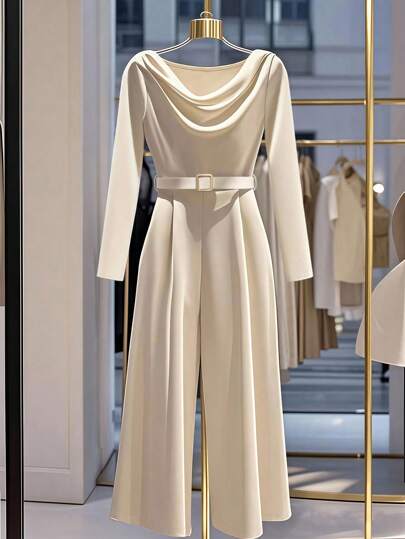 INAWLY جمبسوت طويلة الأكمام ذات لون أحادي للنساء، مزينة بحزام وياقة، مناسبة للارتداء اليومي والأنيق
