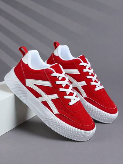 أحذية رياضية للرجال عصرية عالية الجودة بلون أحادي بسيط مع رباط، أحذية رياضية كاجوال متعددة الاستخدامات للخروج والتنقل اليومي، أحذية مريحة للمشي باللون الأحمر