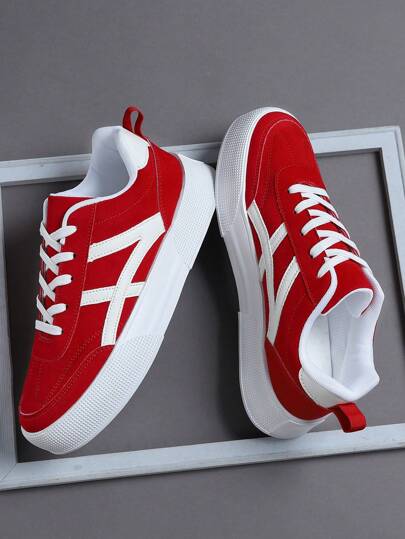 أحذية رياضية للرجال عصرية عالية الجودة بلون أحادي بسيط مع رباط، أحذية رياضية كاجوال متعددة الاستخدامات للخروج والتنقل اليومي، أحذية مريحة للمشي باللون الأحمر