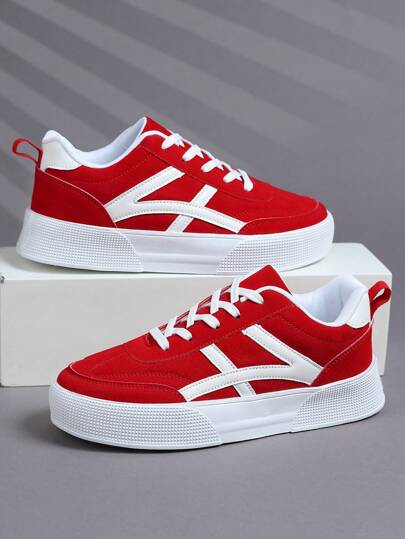 أحذية رياضية للرجال عصرية عالية الجودة بلون أحادي بسيط مع رباط، أحذية رياضية كاجوال متعددة الاستخدامات للخروج والتنقل اليومي، أحذية مريحة للمشي باللون الأحمر