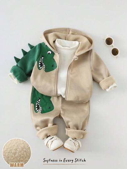 Cozy Pixies 1. بدلة طفل ولد مكونة من جاكيت مقنعة مطبوع عليها رسوم ديناصورات كرتونية وبنطال خصر مطاطي، طقم ملابس أساسية مريحة وكاجوال مناسبة للارتداء في الأماكن المغلقة والخارجية، اليومي، الرياضة، الحفلات، المناسبات، عيد الهالوين، عيد الميلاد، رأس السنة، ا