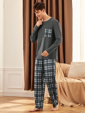 SHEIN بيجامة رجالية مكونة من ملابس علوية بأكمام طويلة مع جيوب مرقعة وبنطال طويل مربع، ملابس خريف وشتاء