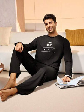 Manfinity Underwear&Sleepwear Basics بدلة بيجاما رجالية مطبوعة بسماعات الرأس، بأكمام طويلة وبنطال، ملابس خريف وشتاء