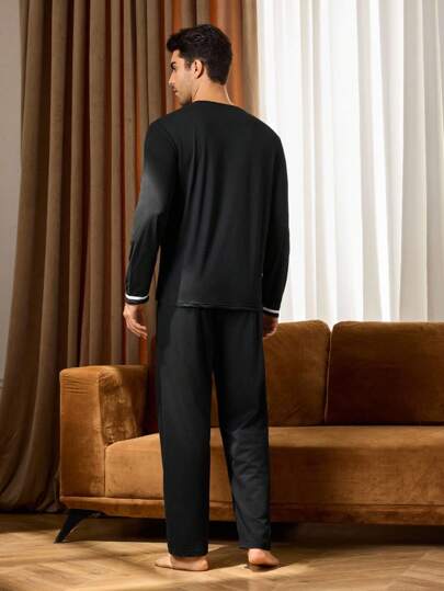 Manfinity Underwear&Sleepwear Basics بدلة بيجاما رجالية مطبوعة بسماعات الرأس، بأكمام طويلة وبنطال، ملابس خريف وشتاء
