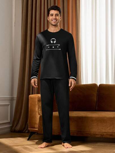 Manfinity Underwear&Sleepwear Basics بدلة بيجاما رجالية مطبوعة بسماعات الرأس، بأكمام طويلة وبنطال، ملابس خريف وشتاء
