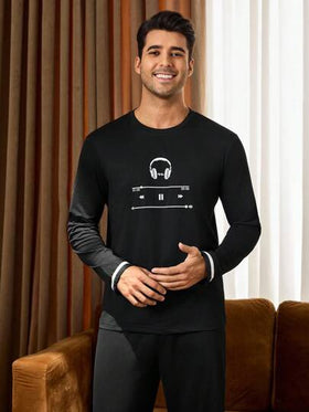 Manfinity Underwear&Sleepwear Basics بدلة بيجاما رجالية مطبوعة بسماعات الرأس، بأكمام طويلة وبنطال، ملابس خريف وشتاء