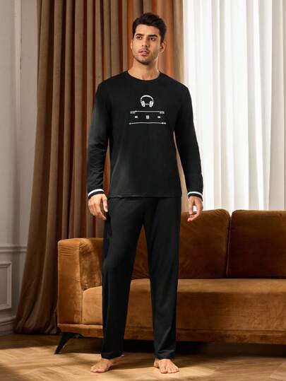 Manfinity Underwear&Sleepwear Basics بدلة بيجاما رجالية مطبوعة بسماعات الرأس، بأكمام طويلة وبنطال، ملابس خريف وشتاء