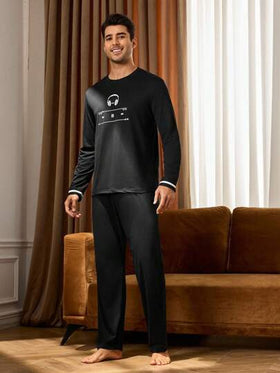Manfinity Underwear&Sleepwear Basics بدلة بيجاما رجالية مطبوعة بسماعات الرأس، بأكمام طويلة وبنطال، ملابس خريف وشتاء