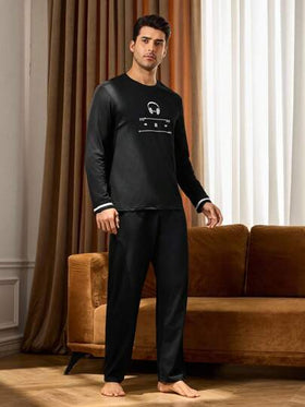 Manfinity Underwear&Sleepwear Basics بدلة بيجاما رجالية مطبوعة بسماعات الرأس، بأكمام طويلة وبنطال، ملابس خريف وشتاء