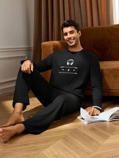 Manfinity Underwear&Sleepwear Basics بدلة بيجاما رجالية مطبوعة بسماعات الرأس، بأكمام طويلة وبنطال، ملابس خريف وشتاء