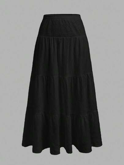 SHEIN MOD تنورة نسائية أحادية اللون أسود، بتصميم بسيط وعادي، مناسبة للربيع والصيف والخريف